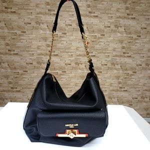 GORGEOUS Nicole Lee Black Pebbled Vegan Leather w Orange Gold Trim